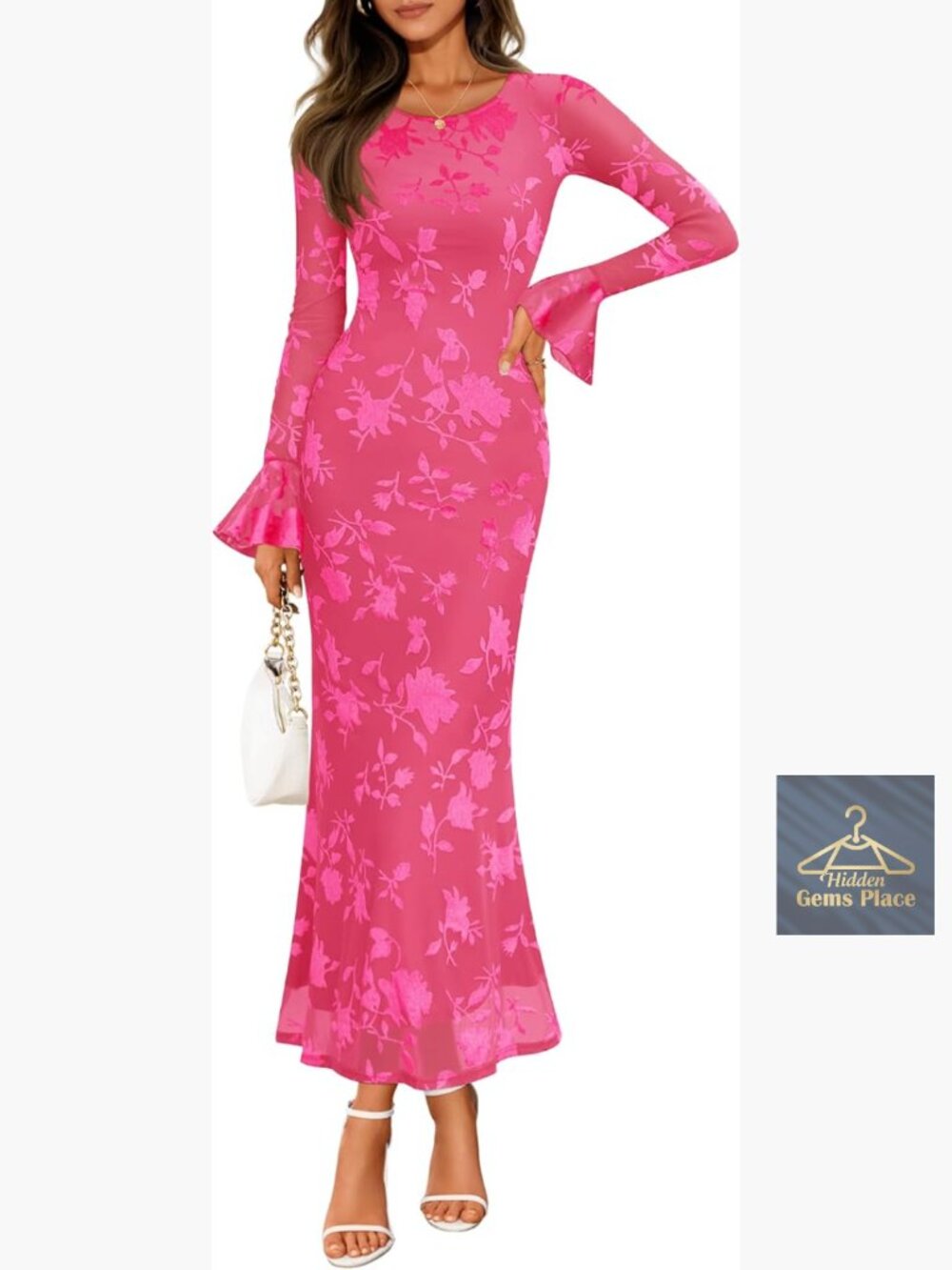 Long Sleeve Floral Maxi Dress Bodycon Mesh Bell Sleeve Cocktail Party